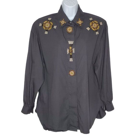 Vintage Regina Porter Aztec Western Beaded Shirt M Cross Button Up Black - Picture 1 of 5